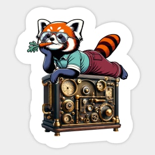 Red Panda Relaxing on Vintage Radio - Unique Digital Art Sticker